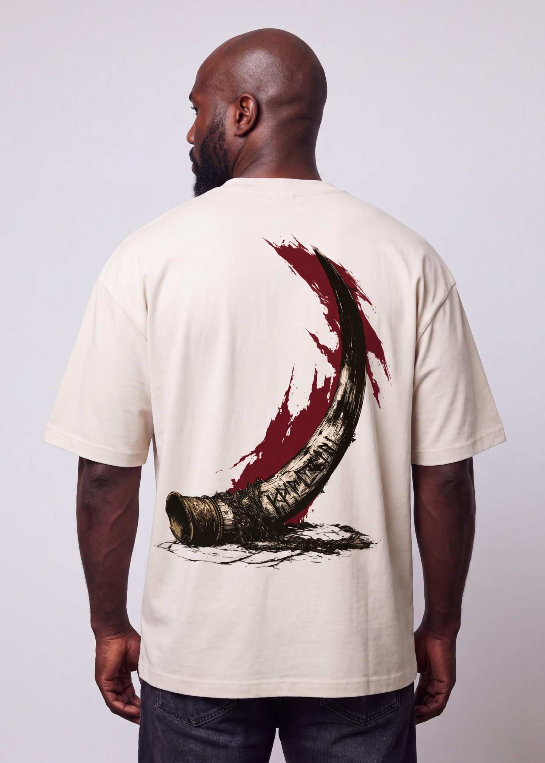 The Unblown Horn Neolithic bone-white oversized tee, back print on model