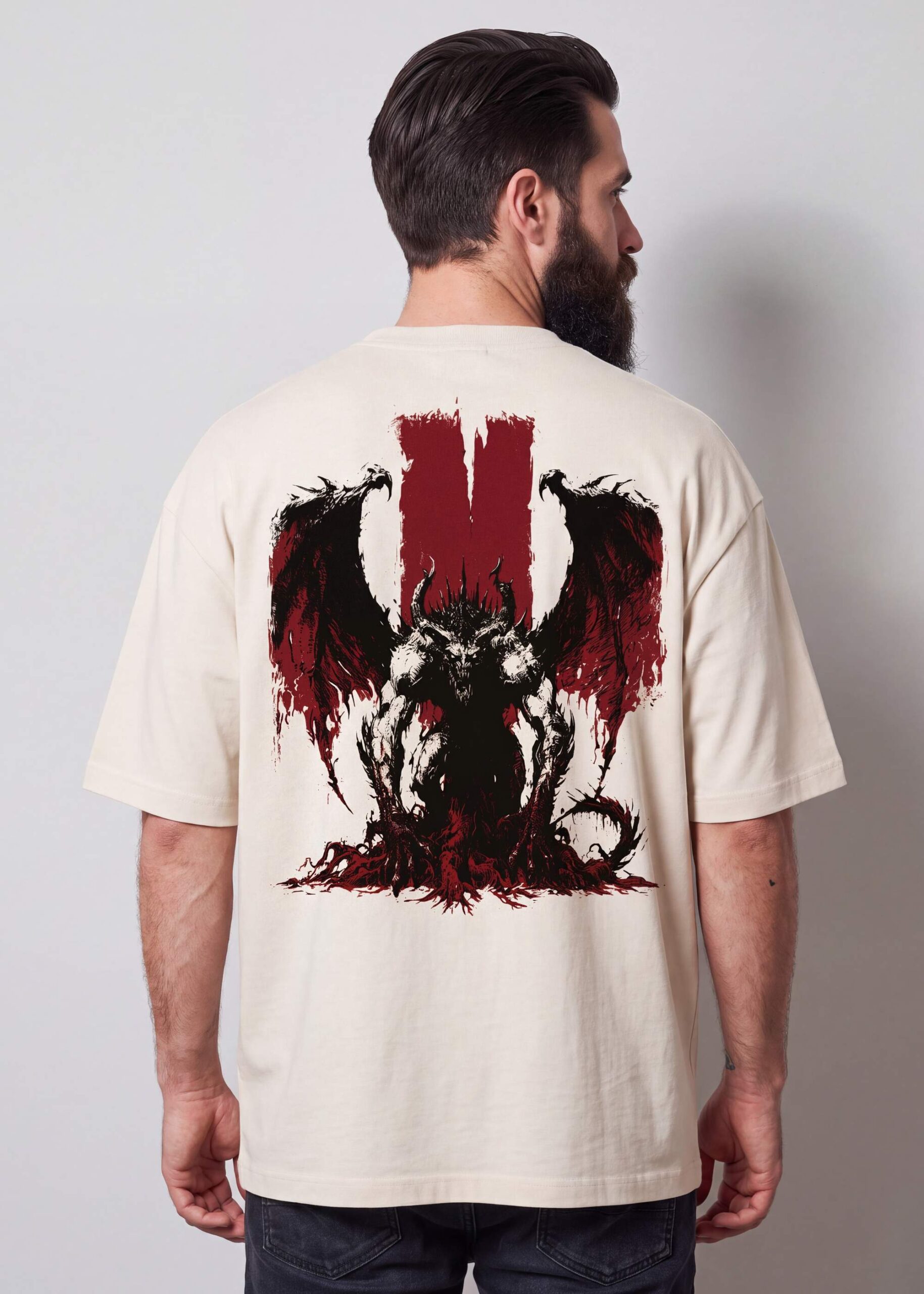 Norse Níðhöggr Neolithic bone-white oversized tee, back print on model