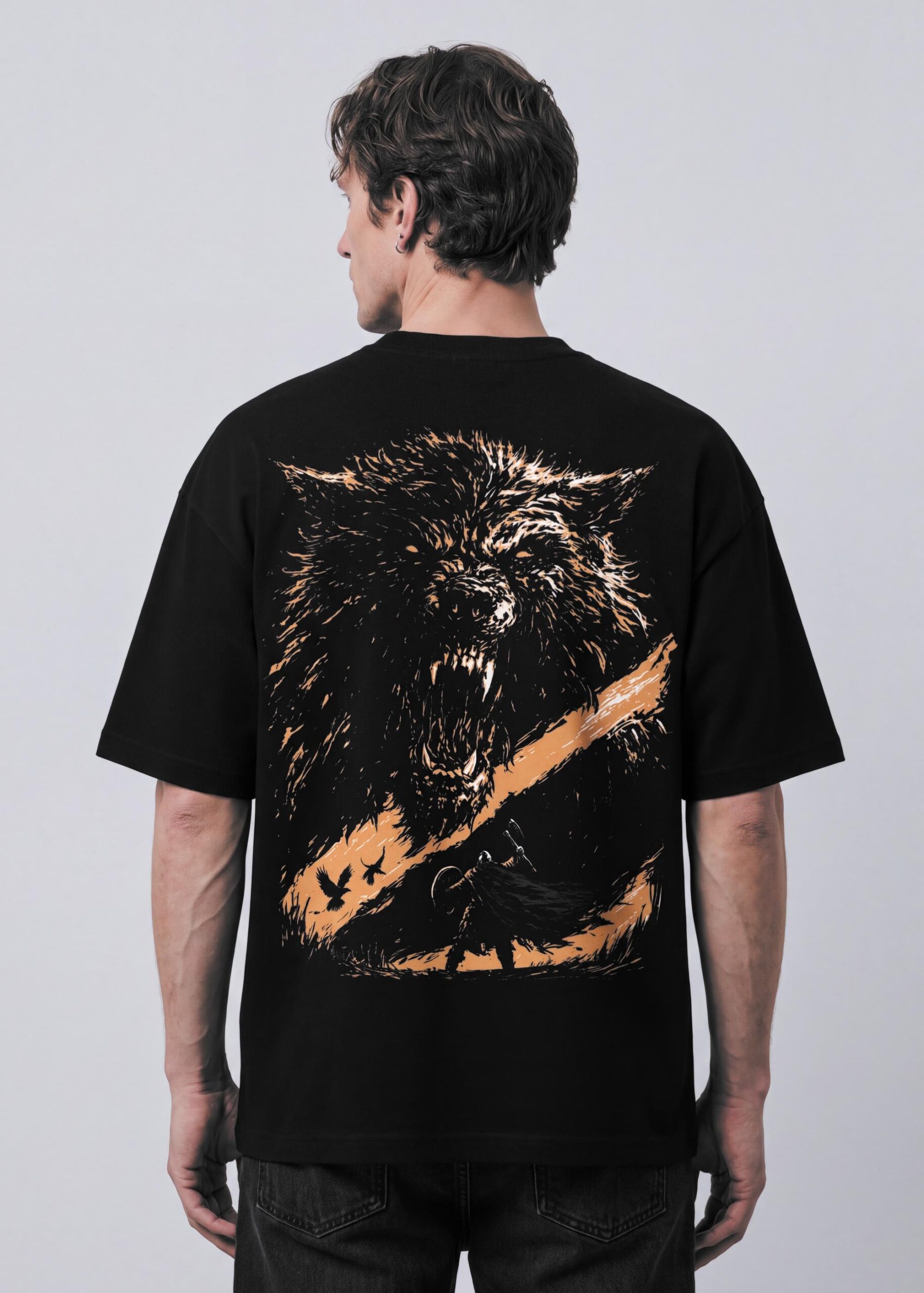 Ragnarok Warrior Neolithic black oversized tee, back print on model