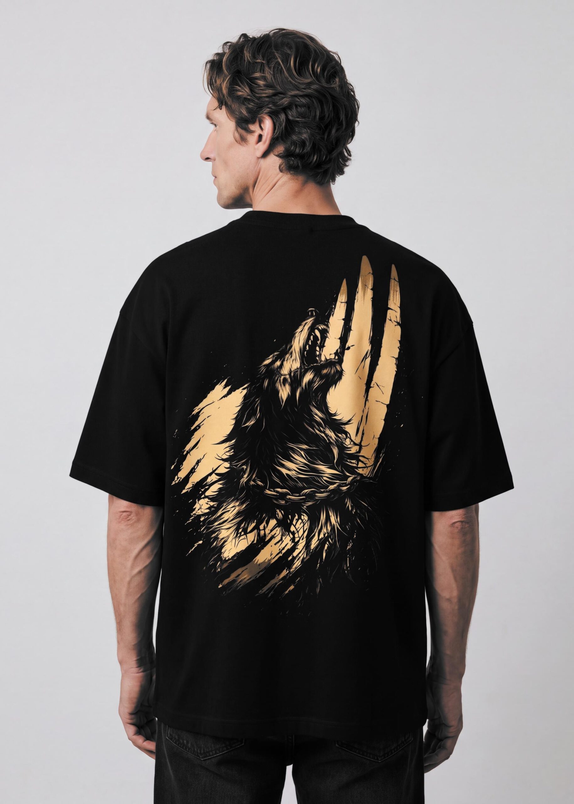 Fenrir The Unchained Wolf Neolithic black oversized tee, back print on model