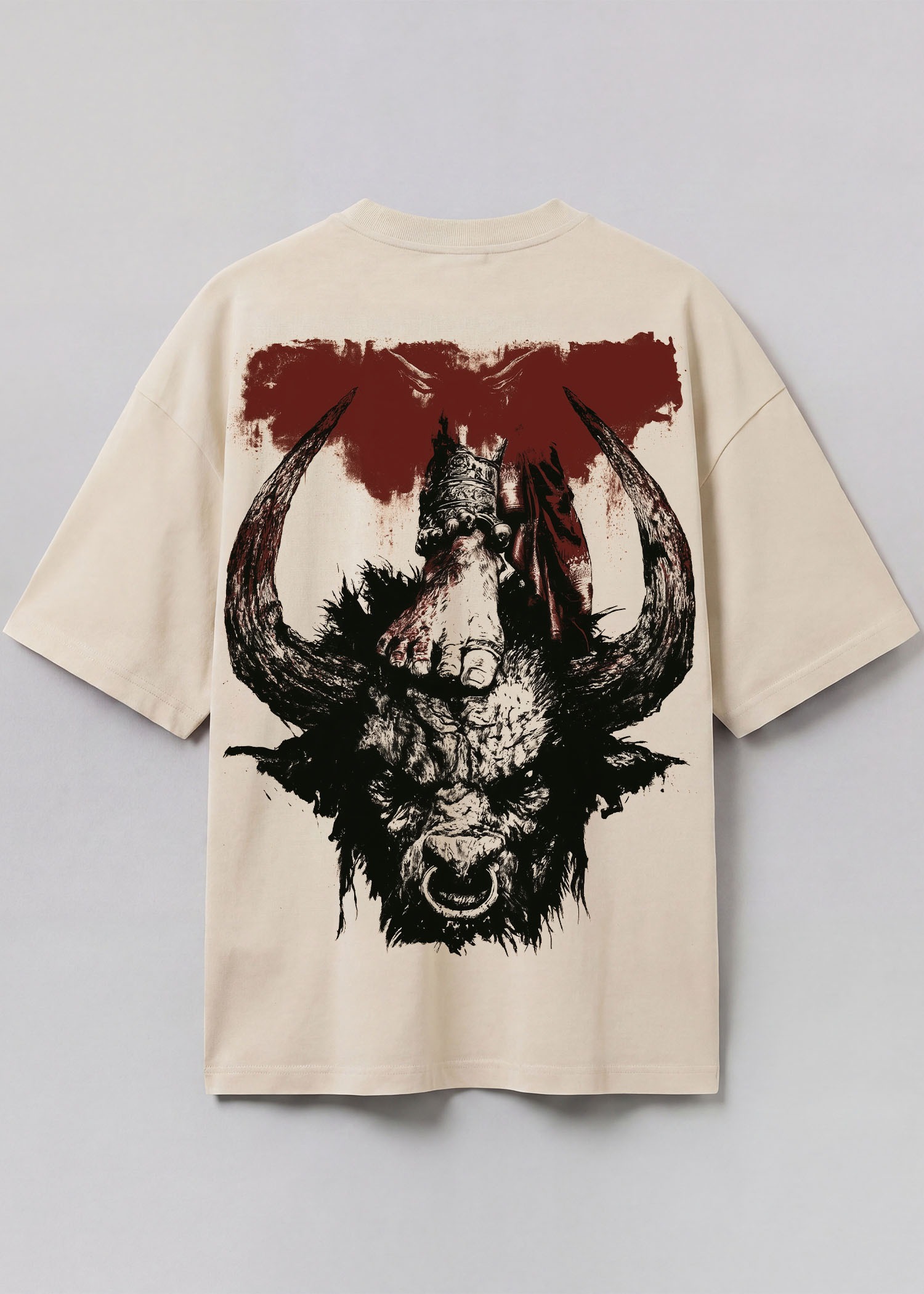 Under Her Foot, Mahishasura Mardini Hindu goddess oversized bone-white t-shirt by Neolithic Store — back print flat