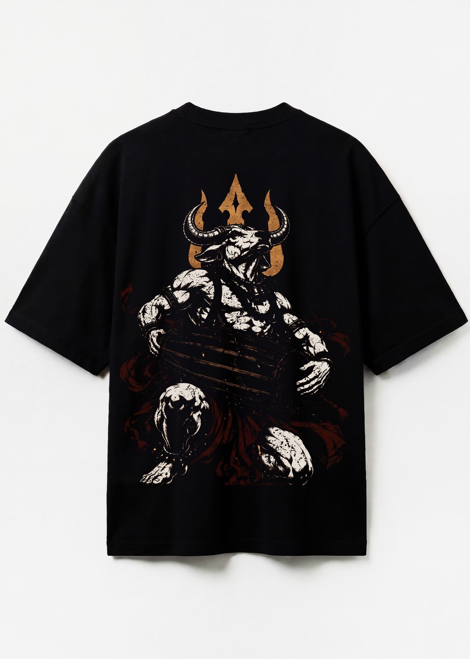 The Drum Before the Dance., Nandi Hindu mythology oversized black t-shirt by Neolithic Store — back print flat