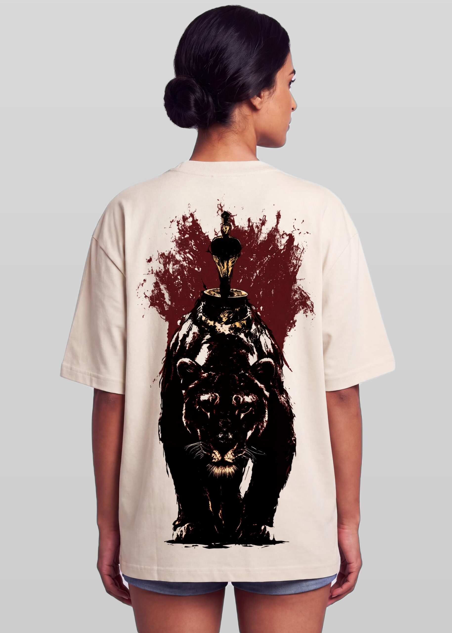 Sekhmet, What the Eye Became, Egyptian mythology oversized bone-white t-shirt by Neolithic Store — model wearing the back print