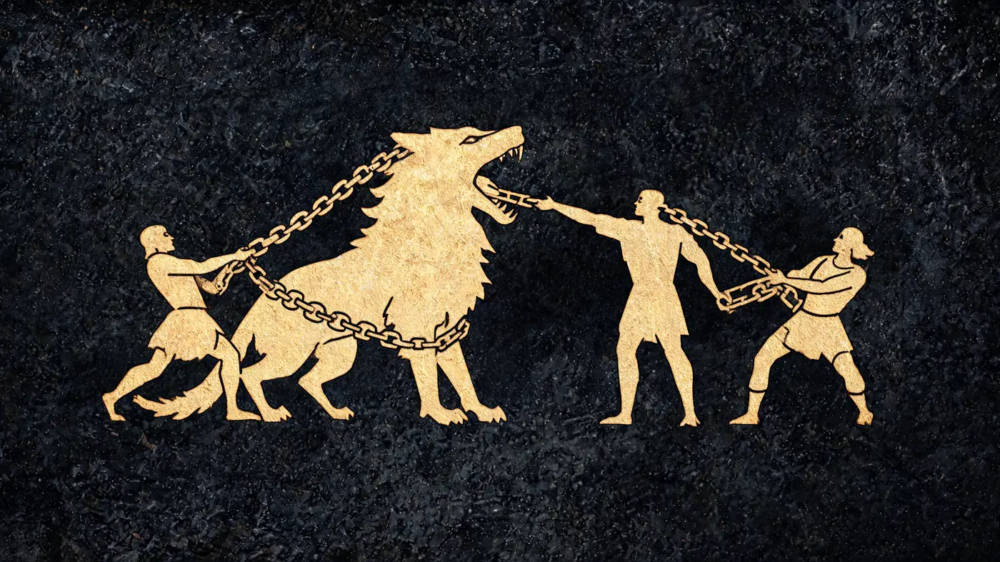 Carved stone relief in gold on black basalt: Tyr placing his hand in Fenrir's jaws as the gods bind the wolf — Norse mythology, Neolithic Store