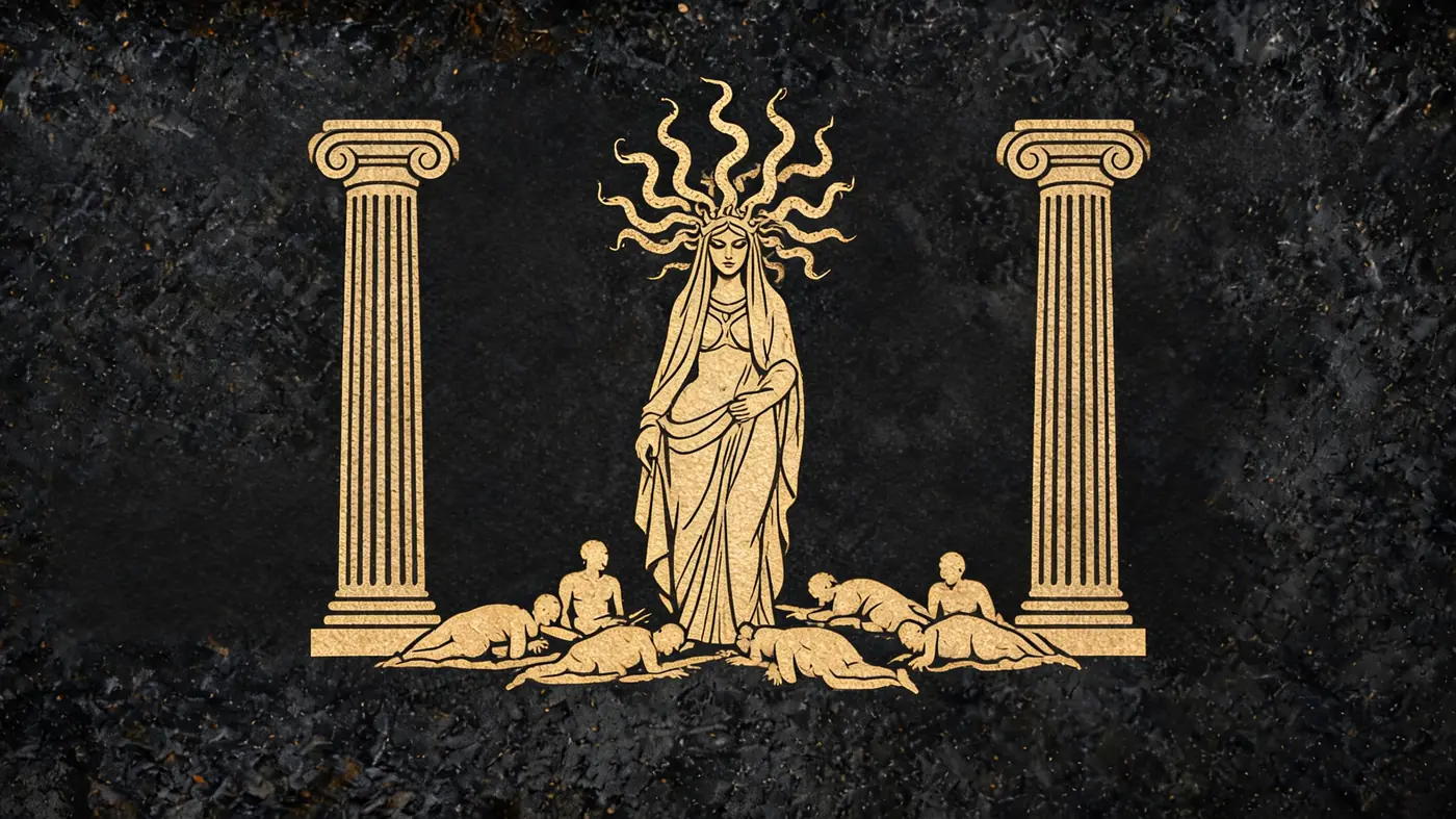 Carved stone relief in gold on black basalt: Veiled Medusa alone among the stone figures of men — Greek mythology, Neolithic Store