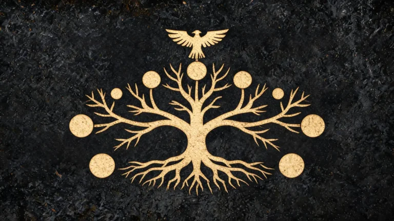 Carved stone relief in gold on black basalt: Yggdrasil, the world tree holding the nine realms — Norse mythology, Neolithic Store