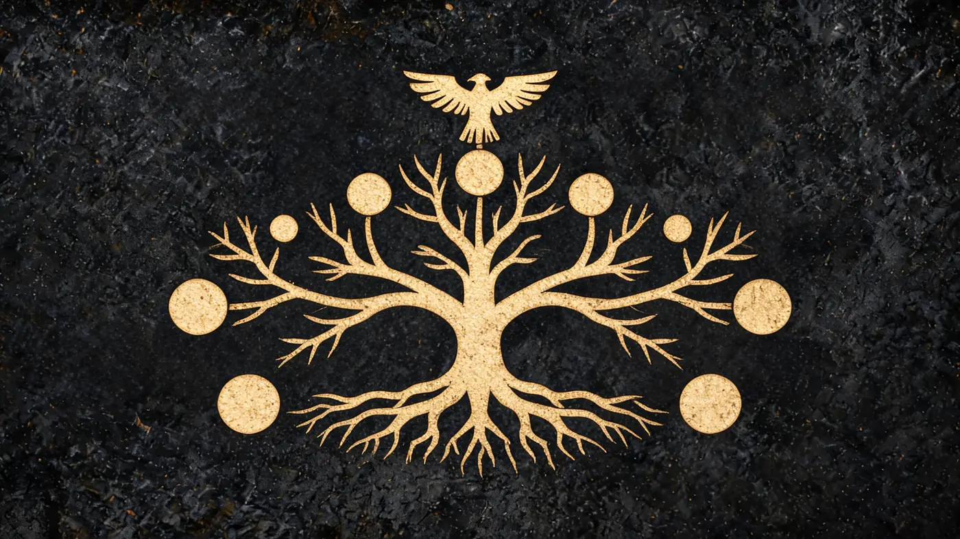 Carved stone relief in gold on black basalt: Yggdrasil, the world tree holding the nine realms — Norse mythology, Neolithic Store