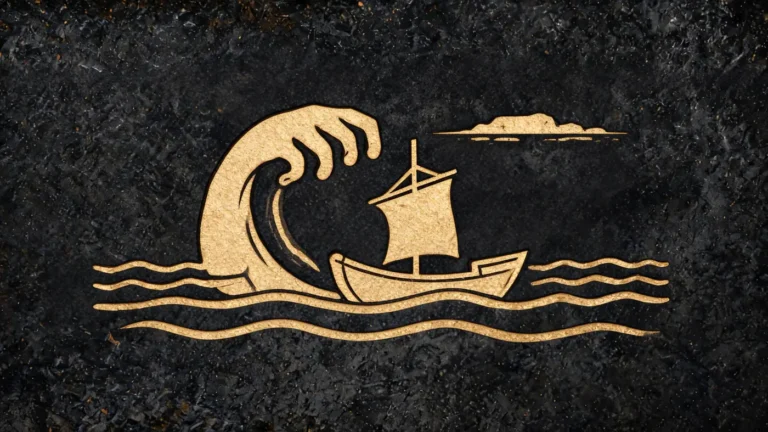 Carved stone relief in gold on black basalt: Odysseus's lone ship beneath a great wave of Poseidon — Greek mythology, Neolithic Store