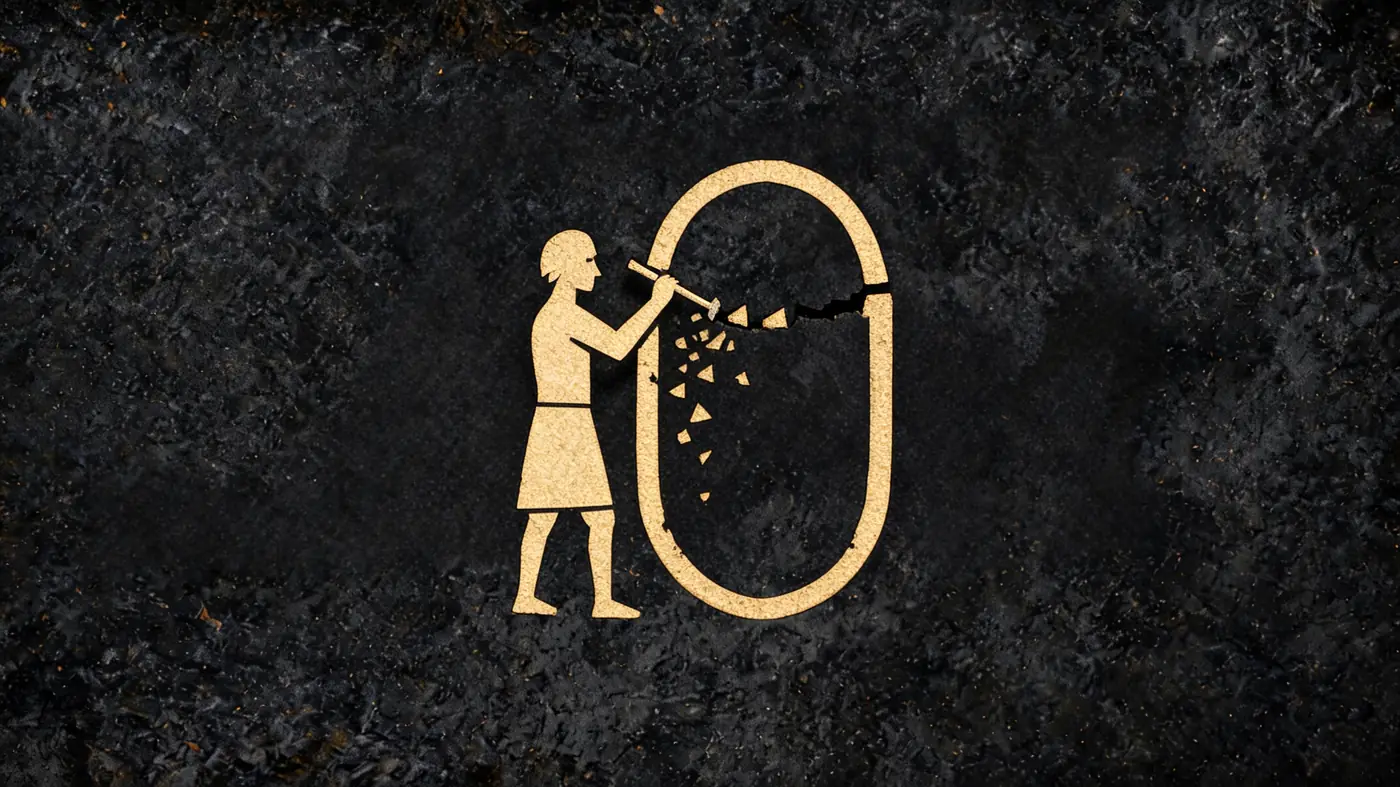 Carved stone relief in gold on black basalt: A scribe chiselling a name from a cartouche, the second death — Egyptian mythology, Neolithic Store