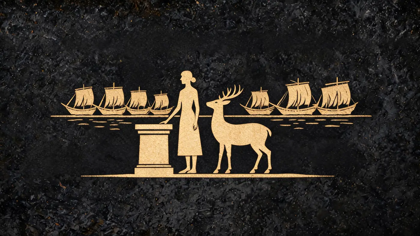Carved stone relief in gold on black basalt: Iphigenia at the altar at Aulis with a deer and the becalmed Greek fleet — Greek mythology, Neolithic Store
