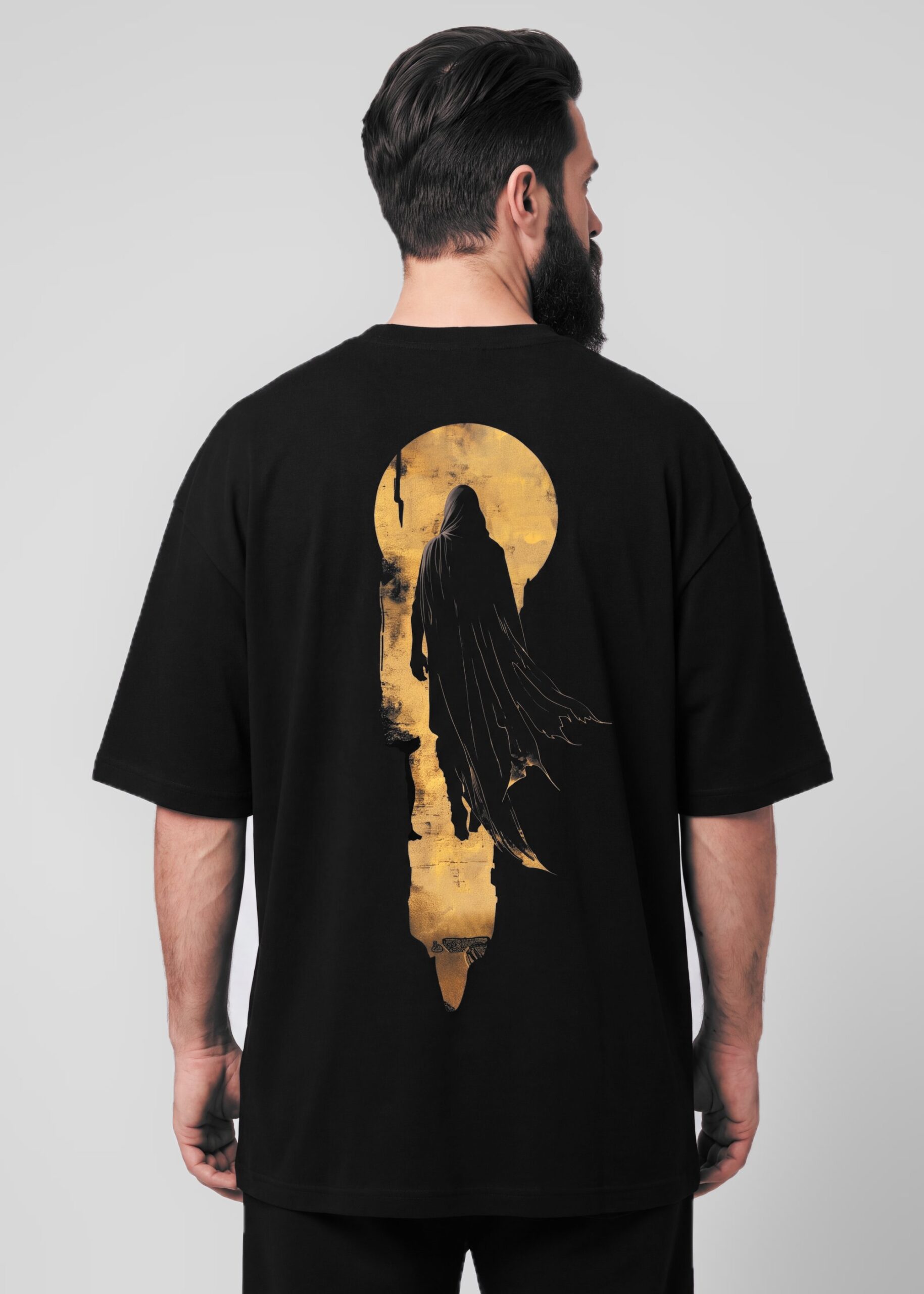 The Long Return — Argos Edition, Greek mythology oversized black t-shirt by Neolithic Store — model wearing the back print