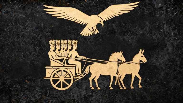 Carved stone relief in gold on black basalt: Jatayu the vulture attacking Ravana's chariot — Vedic mythology, Neolithic Store