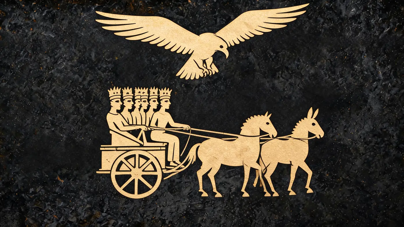 Carved stone relief in gold on black basalt: Jatayu the vulture attacking Ravana's chariot — Vedic mythology, Neolithic Store