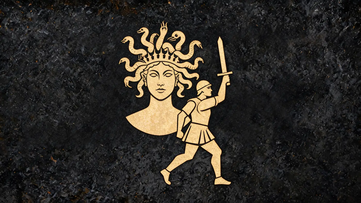 Carved stone relief in gold on black basalt: Medusa's gaze turning a warrior to stone — Greek mythology, Neolithic Store