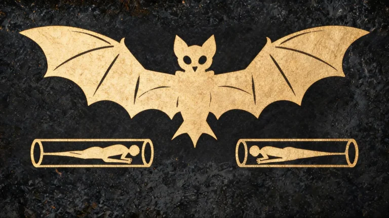 Carved stone relief in gold on black basalt: Camazotz the death bat above the Hero Twins in their blowguns — Mayan mythology, Neolithic Store