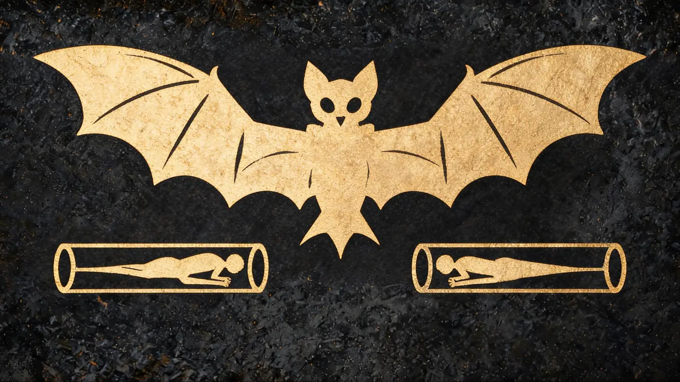 Carved stone relief in gold on black basalt: Camazotz the death bat above the Hero Twins in their blowguns — Mayan mythology, Neolithic Store