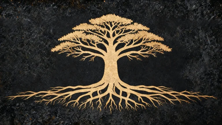 Carved stone relief in gold on black basalt: The sacred ceiba tree joining the sky, earth and underworld — Mayan mythology, Neolithic Store