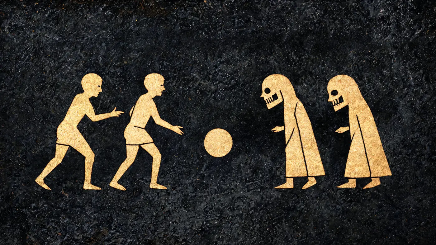 Carved stone relief in gold on black basalt: The Hero Twins playing the ball game against the lords of the underworld — Mayan mythology, Neolithic Store