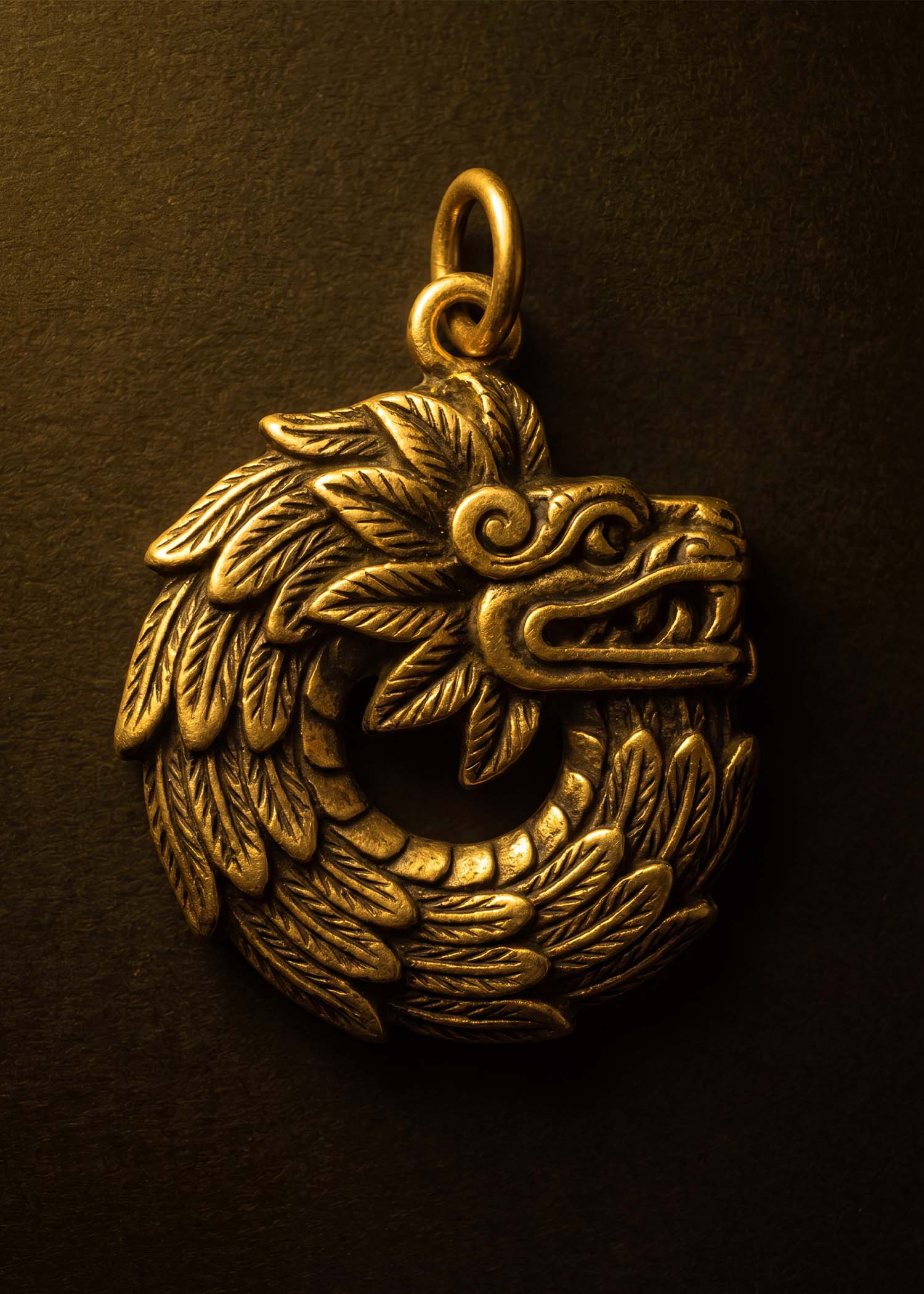 Kukulkan The Coiled Serpent Pendant — antiqued bronze Mayan mythology jewellery
