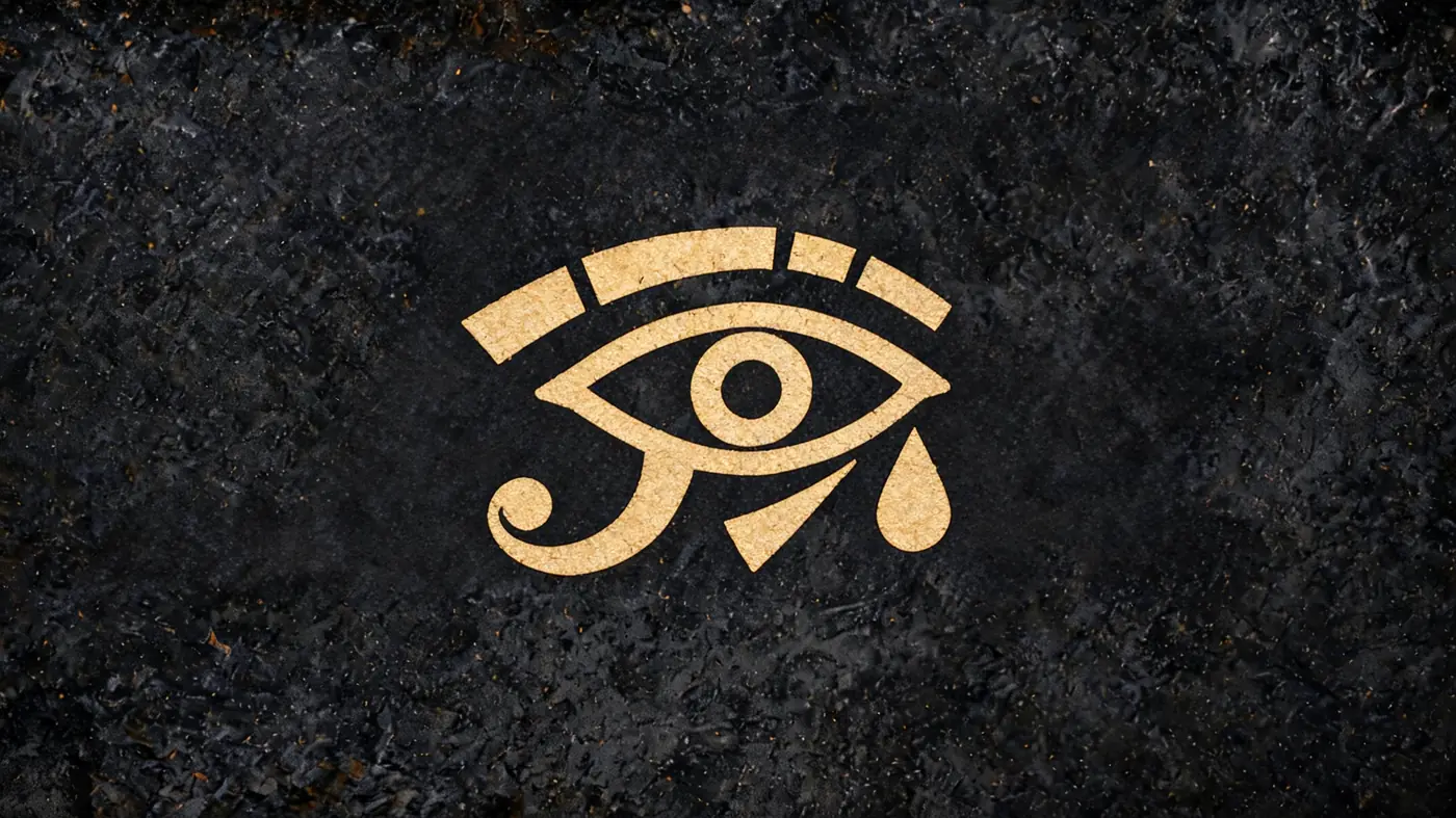 Carved stone relief in gold on black basalt: The eye of Horus, torn apart and made whole — Egyptian mythology, Neolithic Store