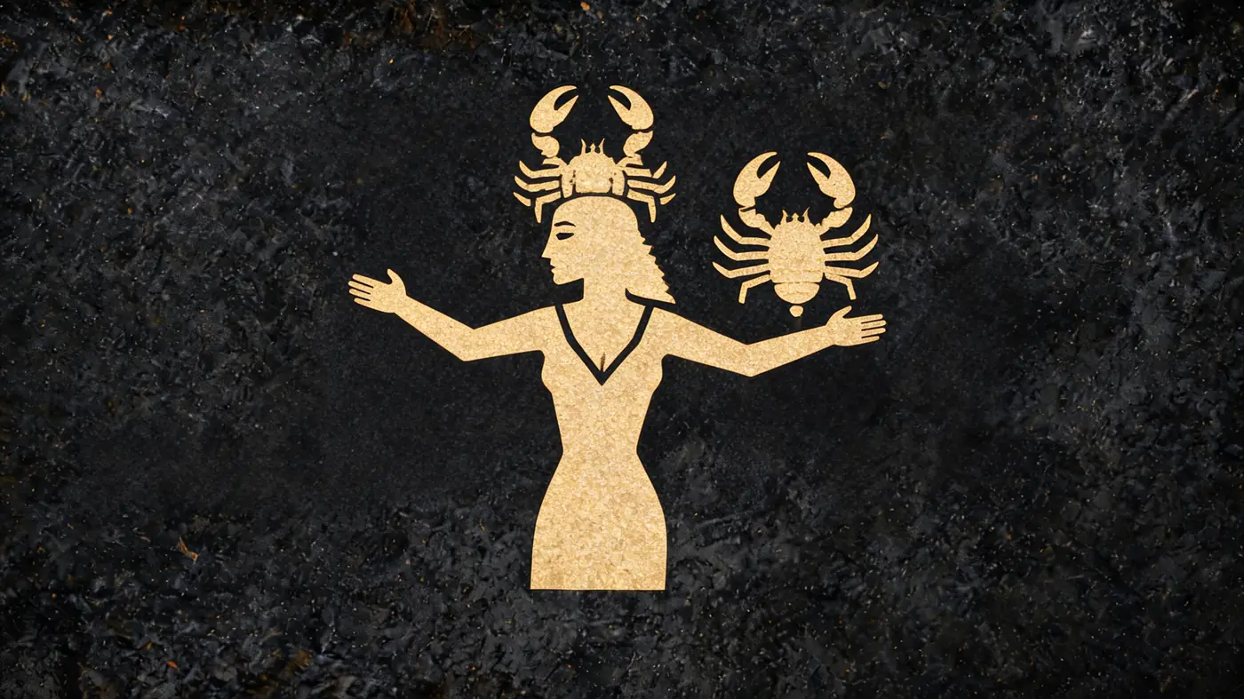 Carved stone relief in gold on black basalt: The goddess Serqet with her scorpion crown — Egyptian mythology, Neolithic Store