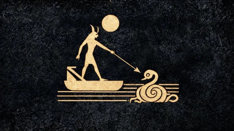 Carved stone relief in gold on black basalt: Seth defending the sun-boat by spearing the serpent Apep — Egyptian mythology, Neolithic Store