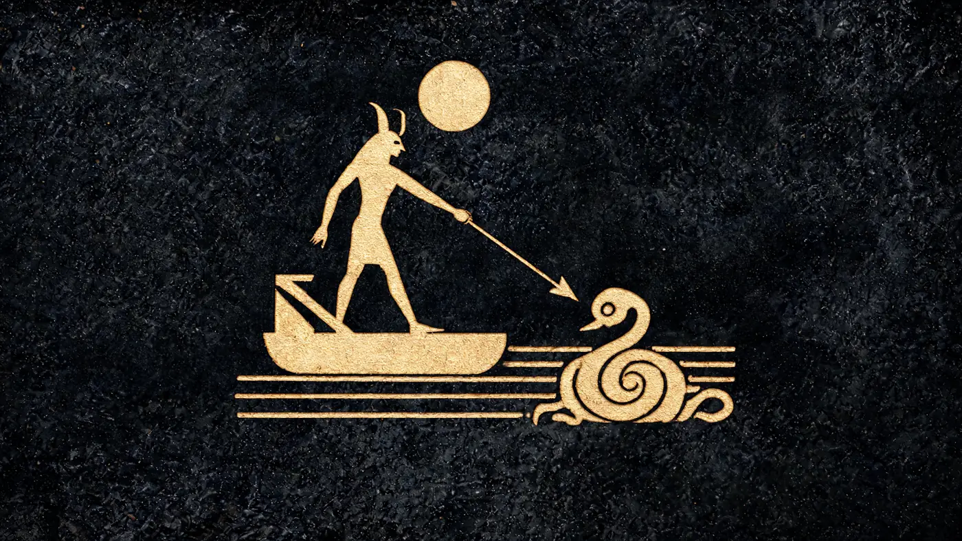Carved stone relief in gold on black basalt: Seth defending the sun-boat by spearing the serpent Apep — Egyptian mythology, Neolithic Store