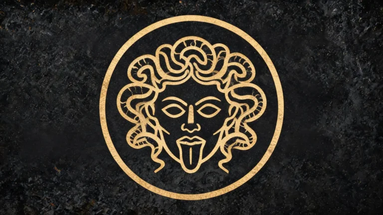 Carved stone relief in gold on black basalt: The gorgoneion, Medusa's face carved on a round shield — Greek mythology, Neolithic Store