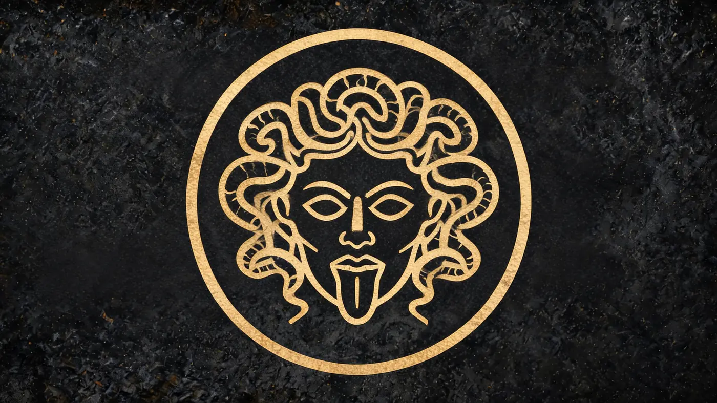 Carved stone relief in gold on black basalt: The gorgoneion, Medusa's face carved on a round shield — Greek mythology, Neolithic Store