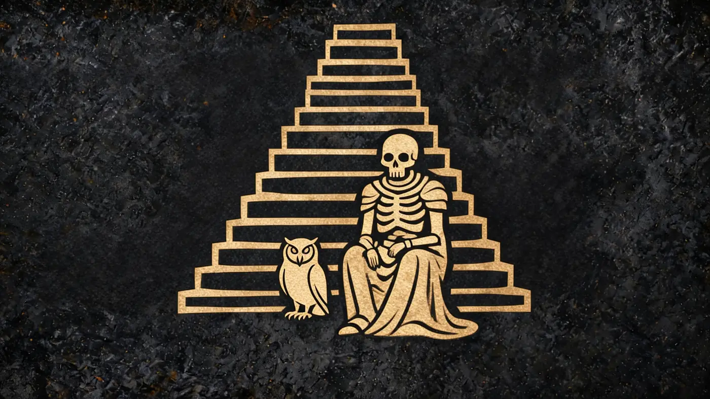 Carved stone relief in gold on black basalt: Ah Puch, skeletal lord of Mitnal, with an owl at the foot of the stair — Mayan mythology, Neolithic Store