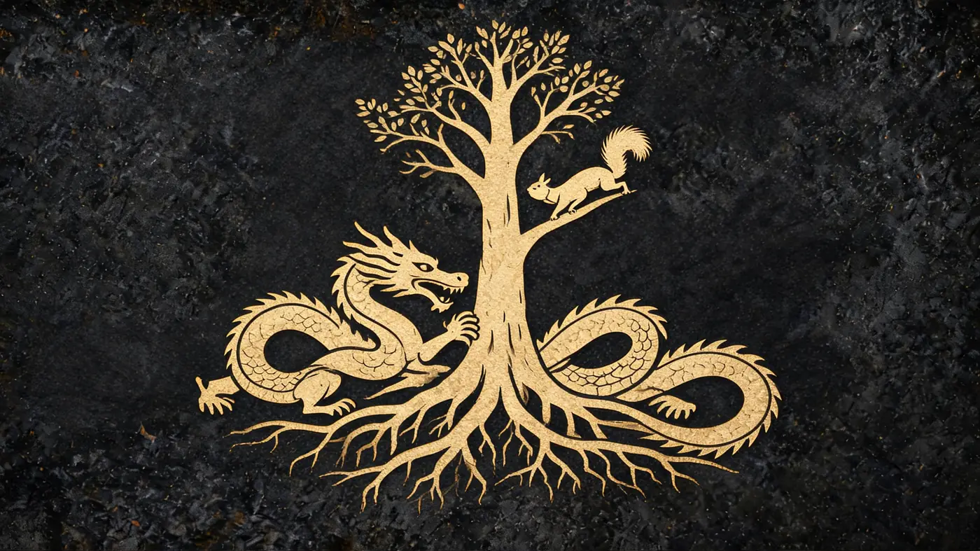 Carved stone relief in gold on black basalt: The dragon Nidhoggr gnawing the root of the world tree while a squirrel climbs — Norse mythology, Neolithic Store