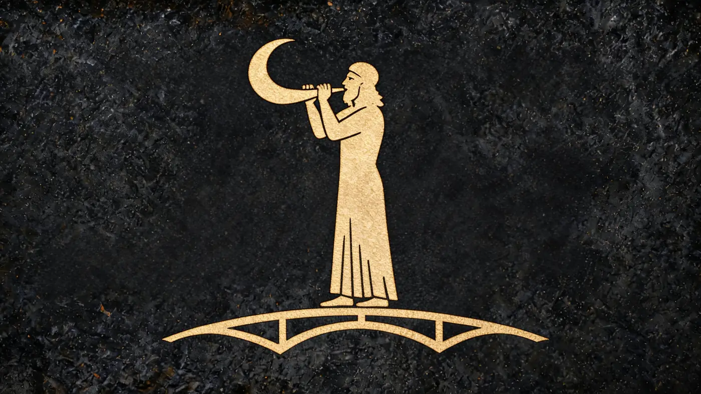 Carved stone relief in gold on black basalt: Heimdall raising the Gjallarhorn on the rainbow bridge — Norse mythology, Neolithic Store