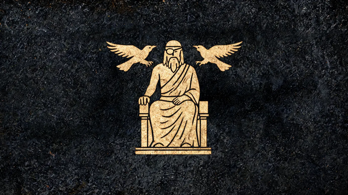 Carved stone relief in gold on black basalt: Odin's ravens Huginn and Muninn taking flight from his shoulders — Norse mythology, Neolithic Store