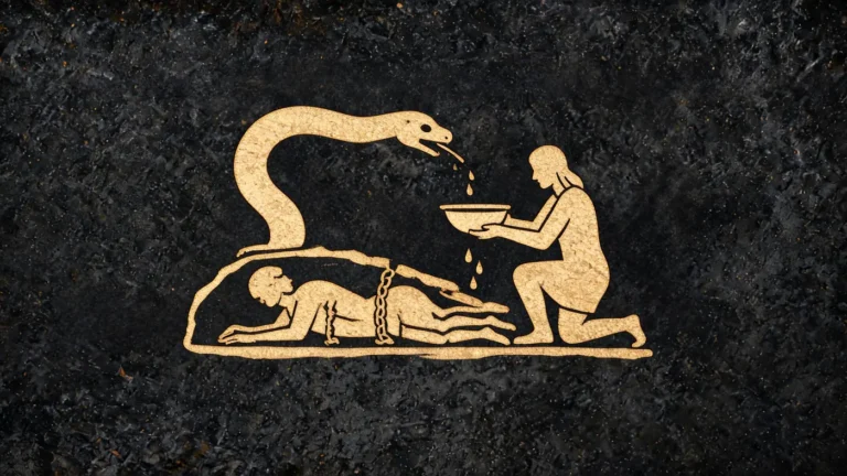 Carved stone relief in gold on black basalt: Loki bound with the serpent above and Sigyn holding the bowl — Norse mythology, Neolithic Store