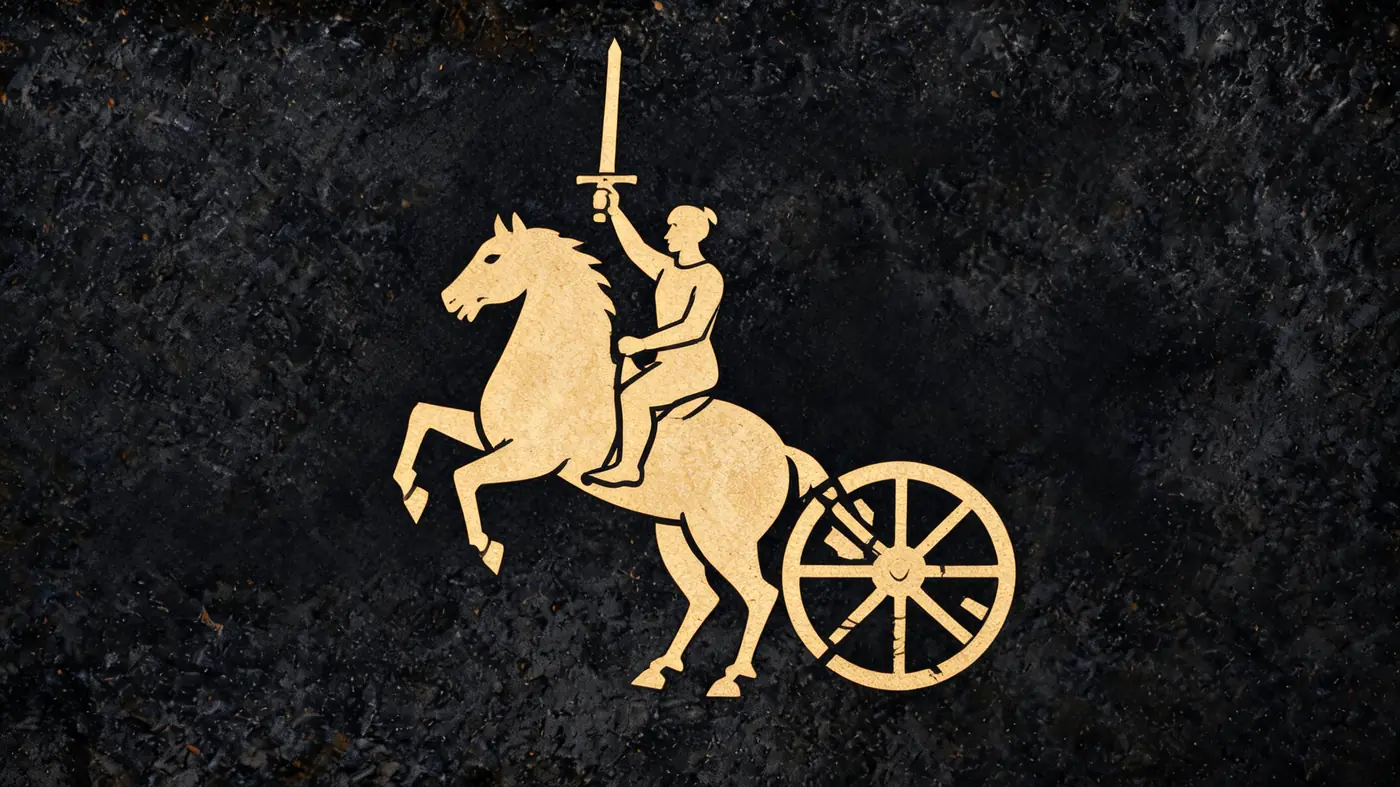 Carved stone relief in gold on black basalt: Kalki on a rearing white horse with a raised sword — Vedic mythology, Neolithic Store