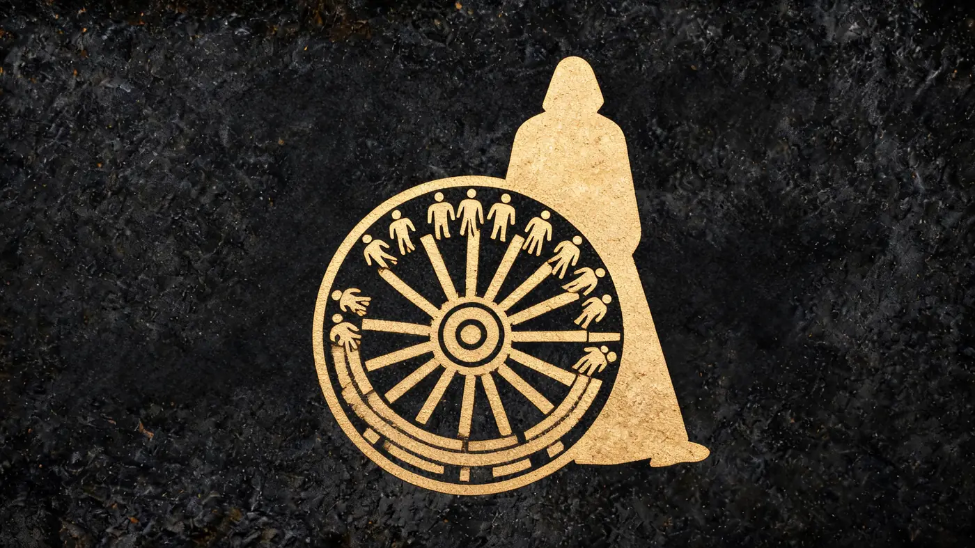 Carved stone relief in gold on black basalt: The wheel of time, Kaal, turning beyond the gods — Vedic mythology, Neolithic Store