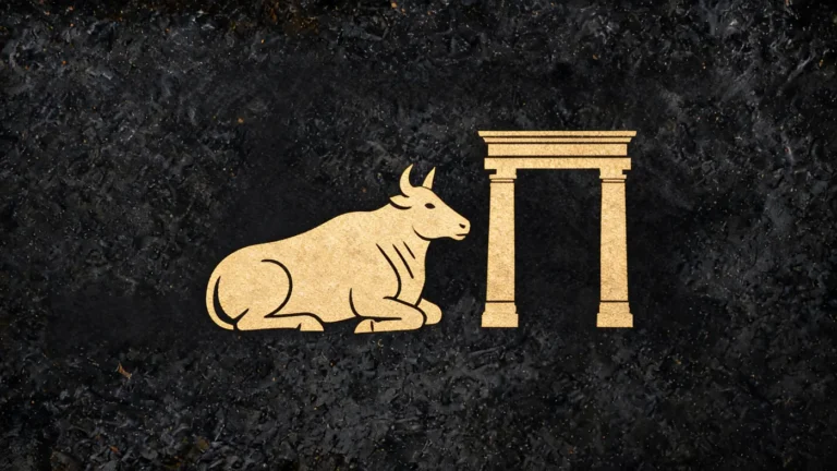 Carved stone relief in gold on black basalt: Nandi the bull seated before the temple door — Vedic mythology, Neolithic Store