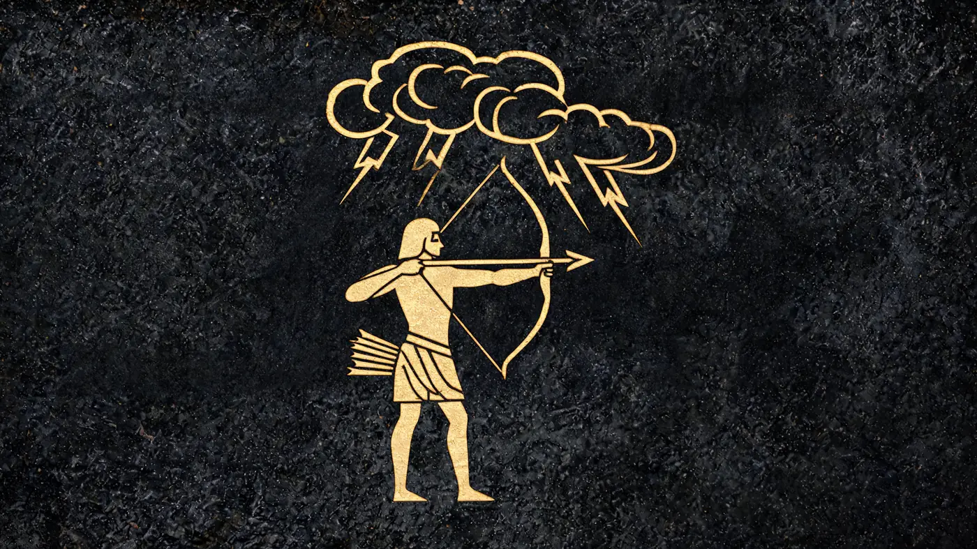 Carved stone relief in gold on black basalt: Rudra the storm archer beneath thunderclouds — Vedic mythology, Neolithic Store