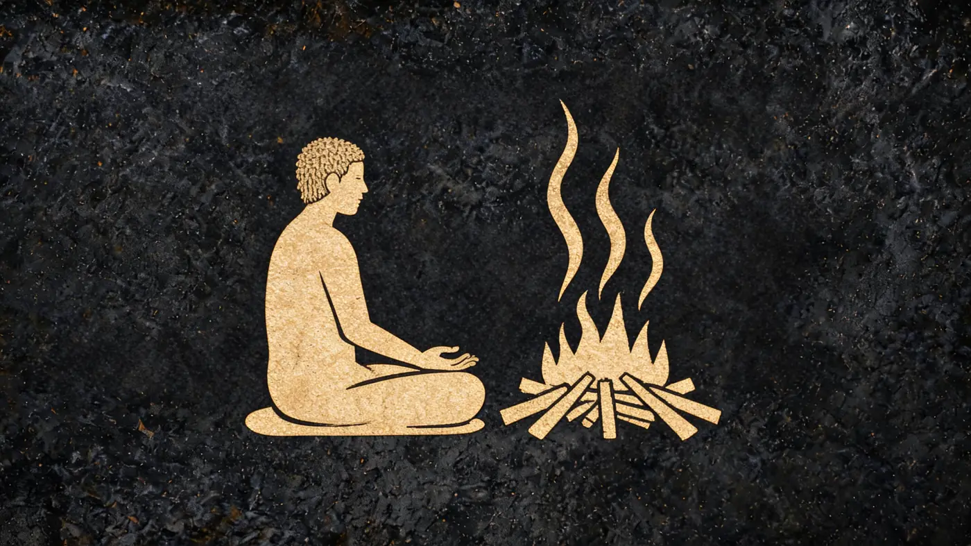 Carved stone relief in gold on black basalt: An Aghori ascetic meditating in the smoke of a cremation ground — Vedic mythology, Neolithic Store