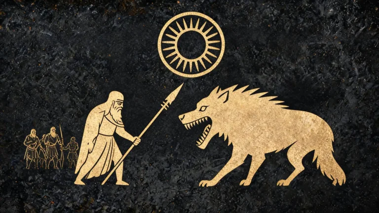 Carved stone relief in gold on black basalt: Odin facing the great wolf beneath a darkened sun at Ragnarok — Norse mythology, Neolithic Store