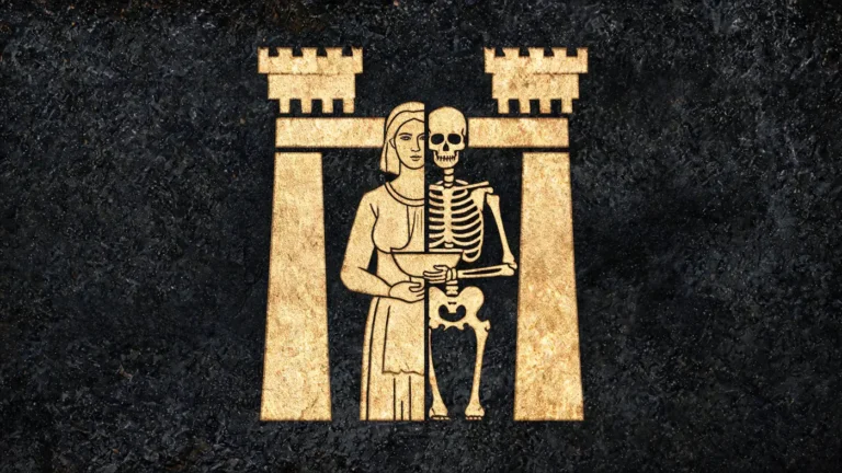 Carved stone relief in gold on black basalt: Hel, half living and half bone, at the gate of her realm — Norse mythology, Neolithic Store