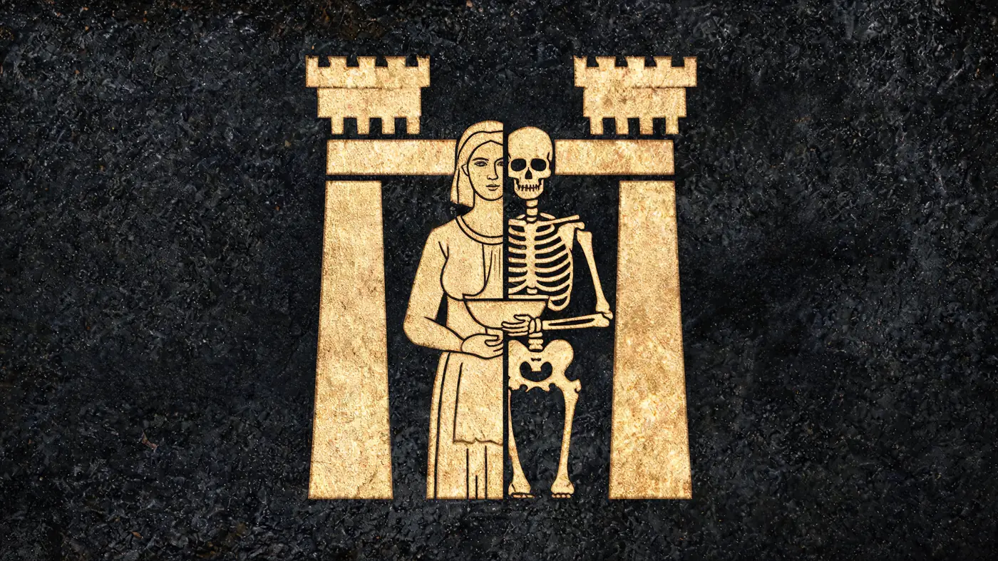 Carved stone relief in gold on black basalt: Hel, half living and half bone, at the gate of her realm — Norse mythology, Neolithic Store