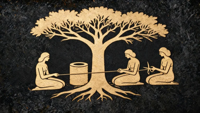 Carved stone relief in gold on black basalt: The three Norns weaving the thread of fate beneath the world tree — Norse mythology, Neolithic Store