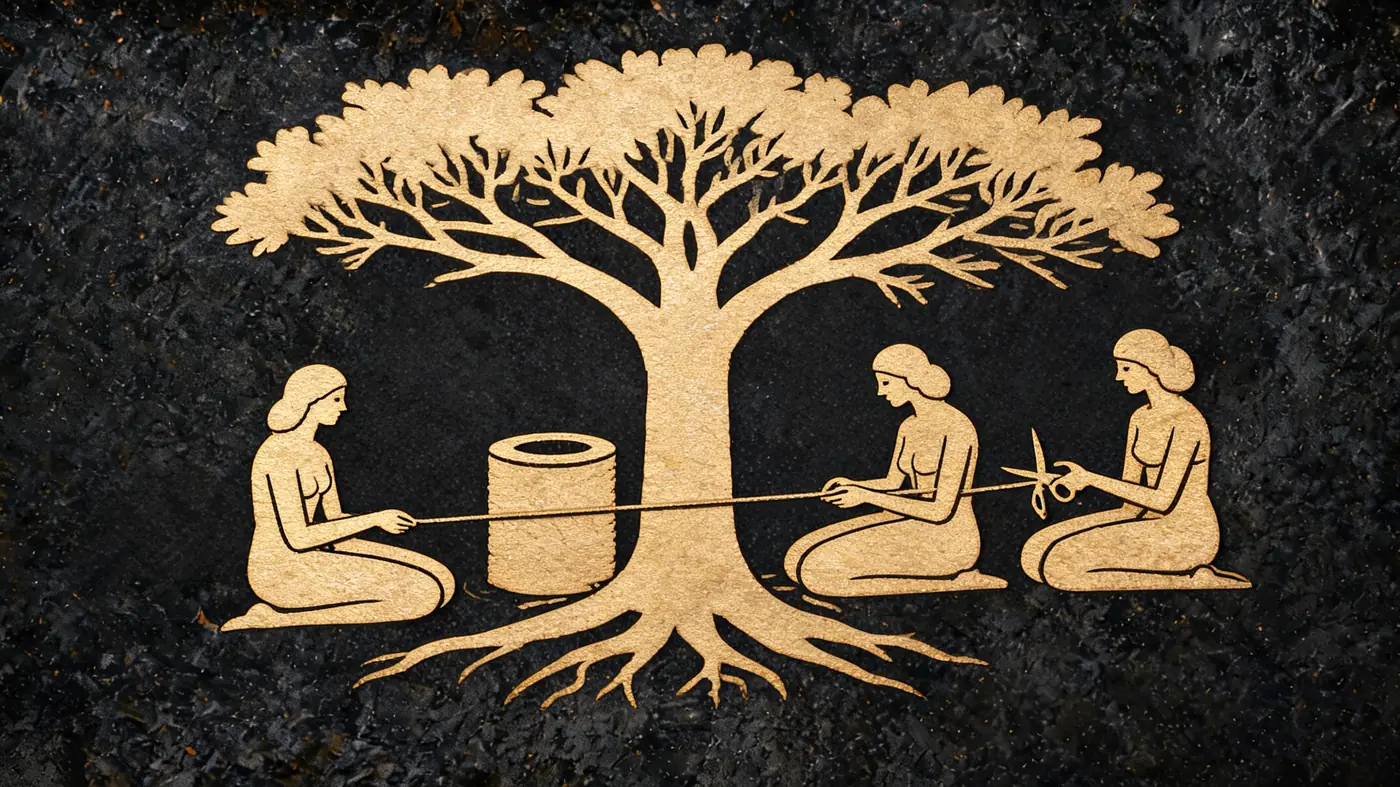 Carved stone relief in gold on black basalt: The three Norns weaving the thread of fate beneath the world tree — Norse mythology, Neolithic Store