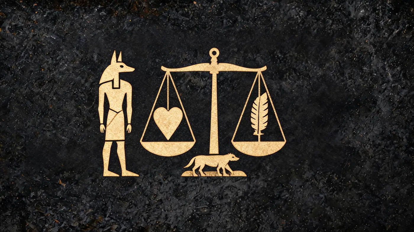 Carved stone relief in gold on black basalt: Anubis weighing the heart against the feather — Egyptian mythology, Neolithic Store
