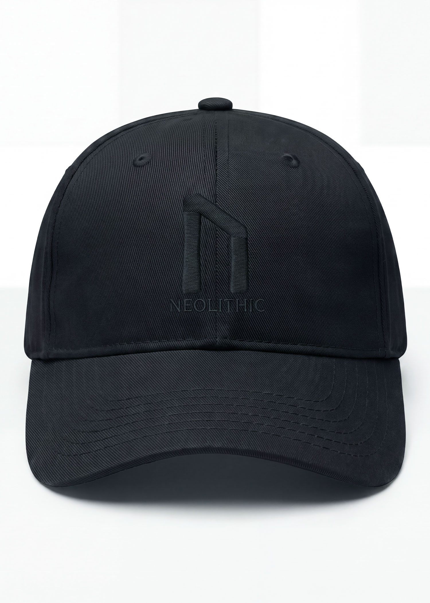 Neolithic Signature Cap in black — embroidered six-panel mythology streetwear cap