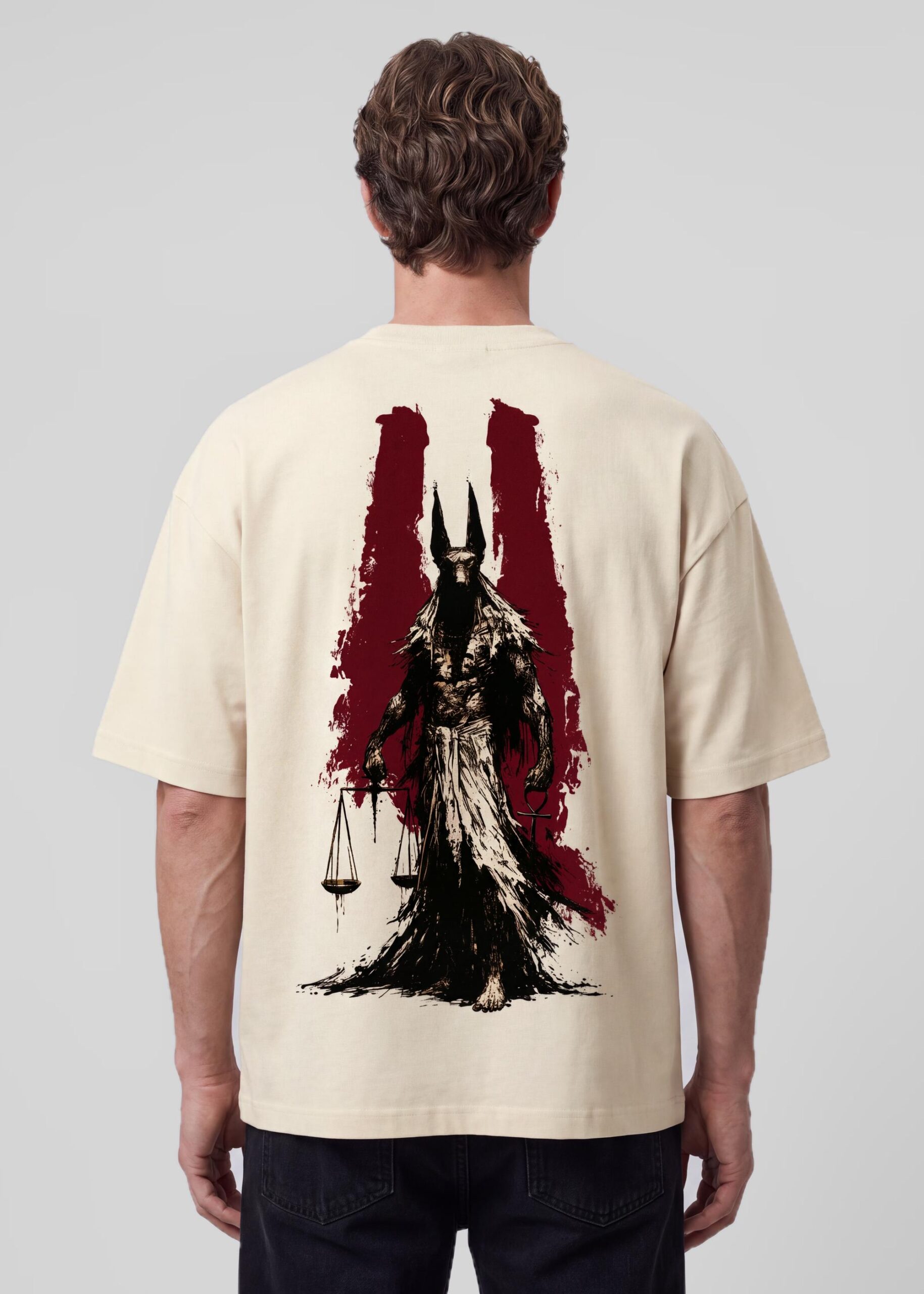 Lighter Than The Feather, Egyptian mythology oversized bone-white t-shirt by Neolithic Store — back print on model