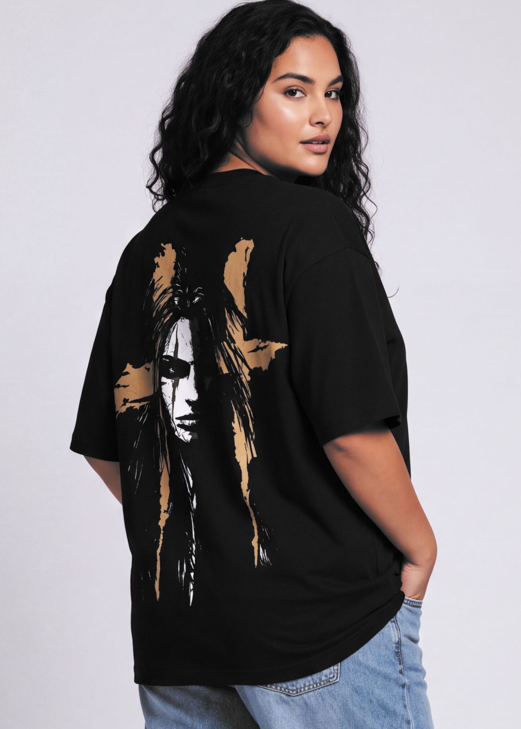 One Face. Two Fates. Neolithic black oversized tee, back print on model