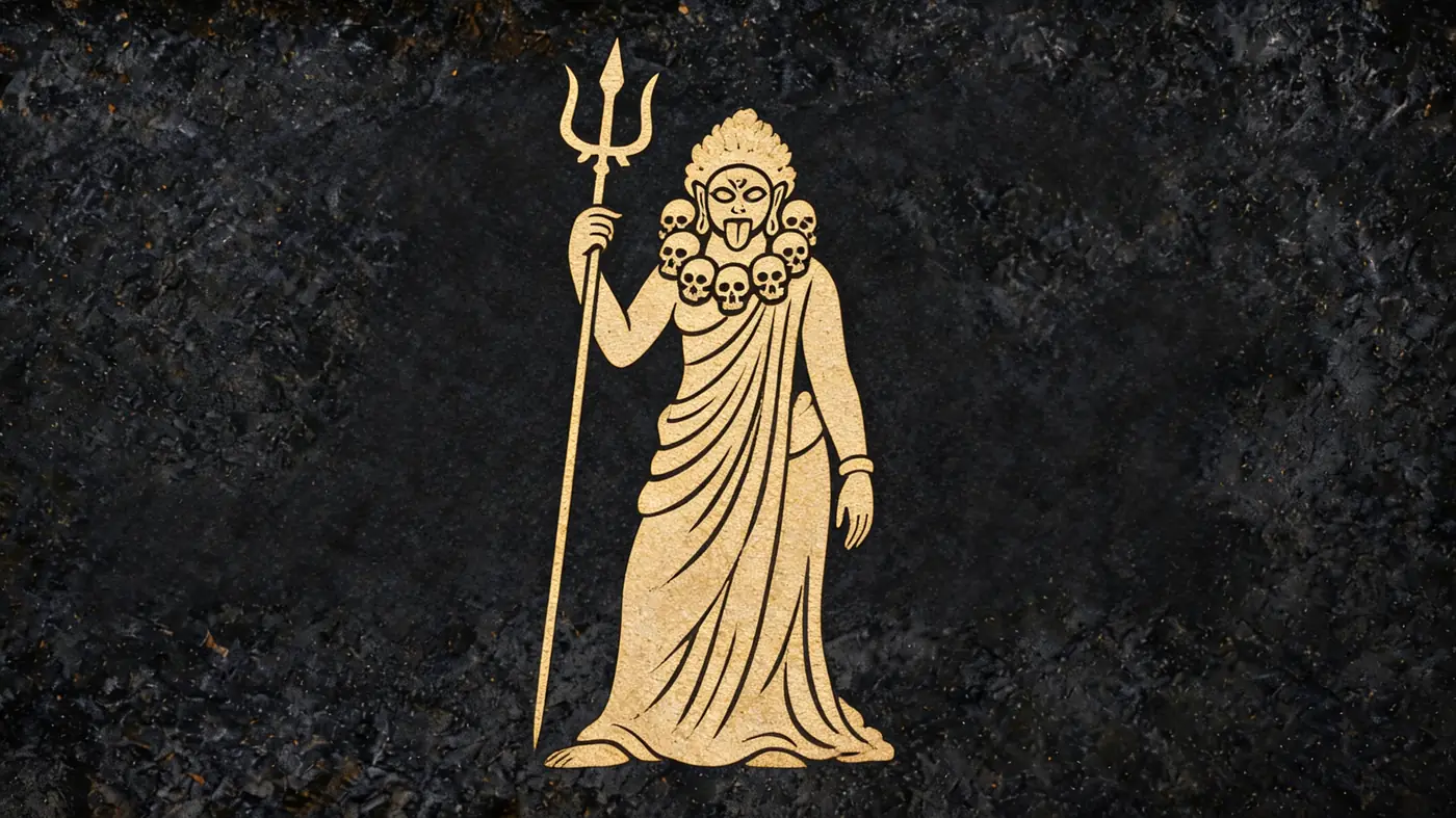 Carved stone relief in gold on black basalt: The fierce goddess Chamunda with her skull garland and trident — Vedic mythology, Neolithic Store