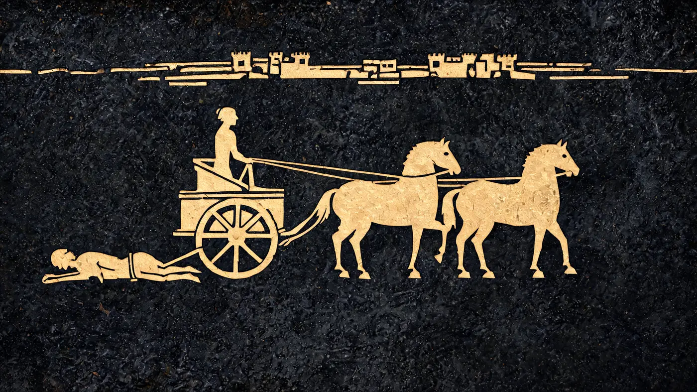 Carved stone relief in gold on black basalt: Achilles dragging Hector behind his chariot beneath the walls of Troy — Greek mythology, Neolithic Store